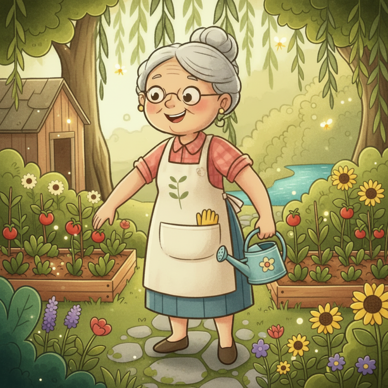 Grandma Bea in her apron, smiling in the garden