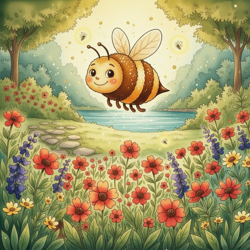 Clover the honeybee mid-flight, wings catching the light