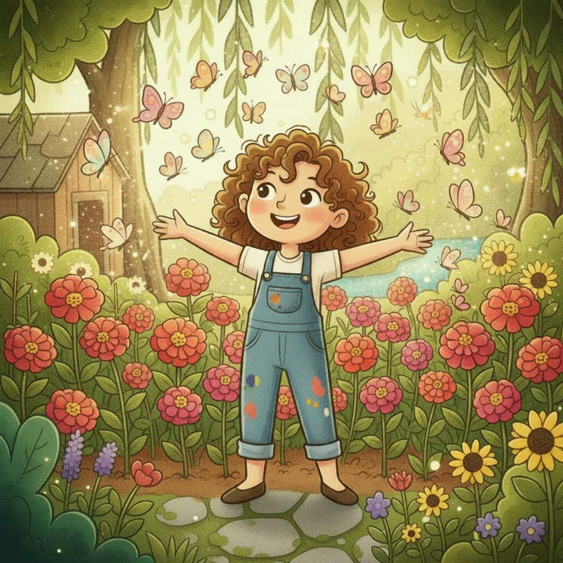 Young Mari in her overalls, arms wide open in the garden
