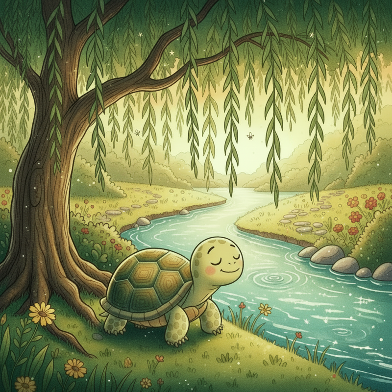 Moss the tortoise resting beneath the willow
