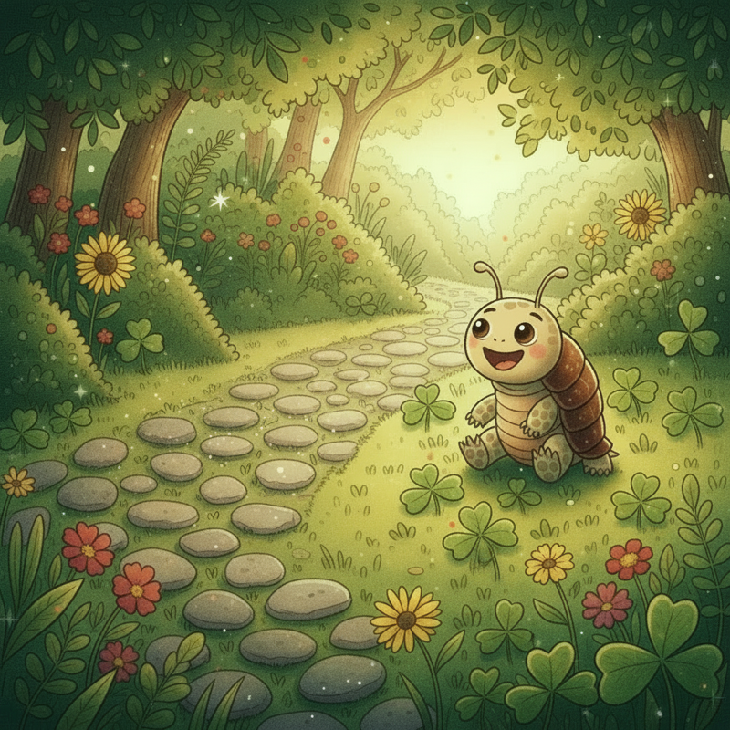 Pip the roly-poly grinning on the garden path