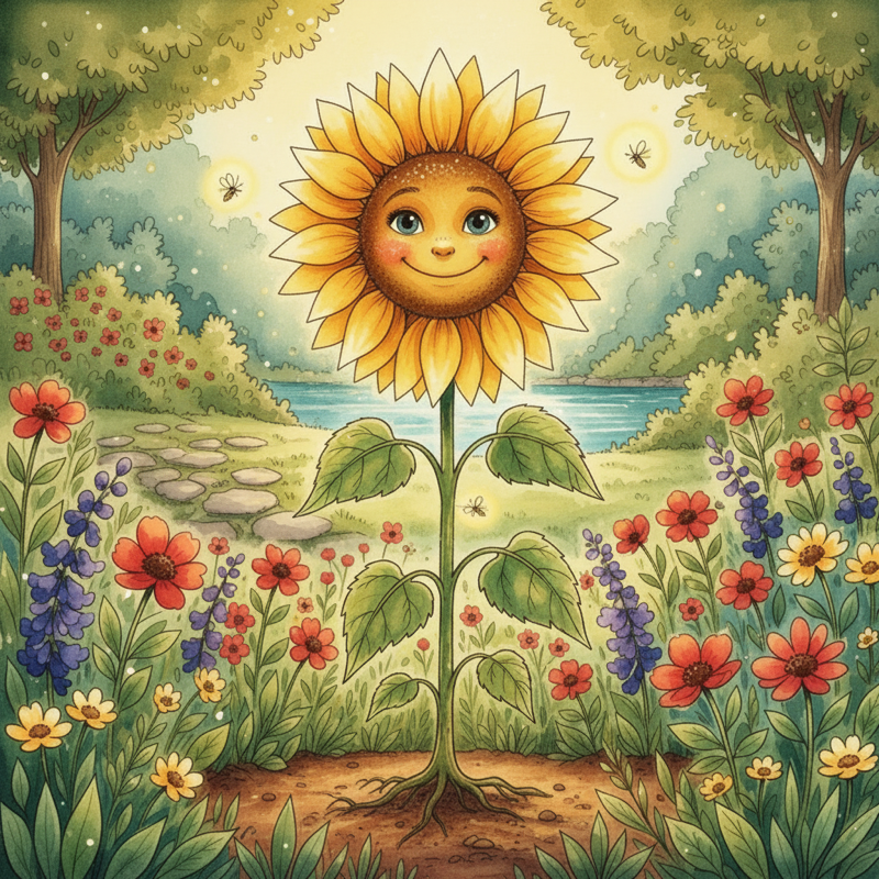 Sunny the sunflower beaming in golden light