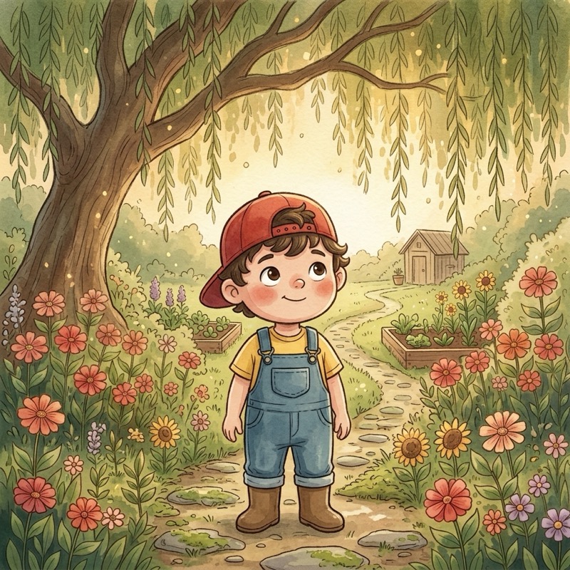 Theo holding his watering can with a determined expression